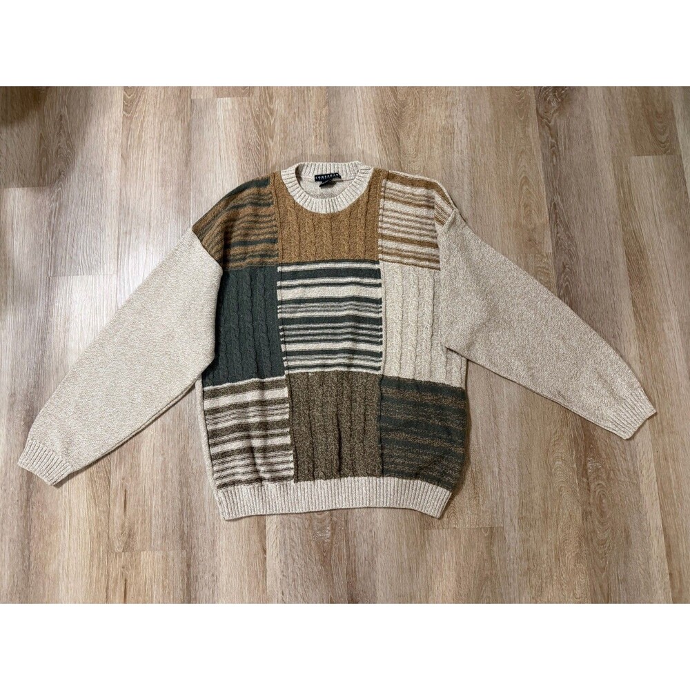 Vintage Consensus Mens Beige Patchwork Knit Sweater Medium Grandpacore 90s Retro